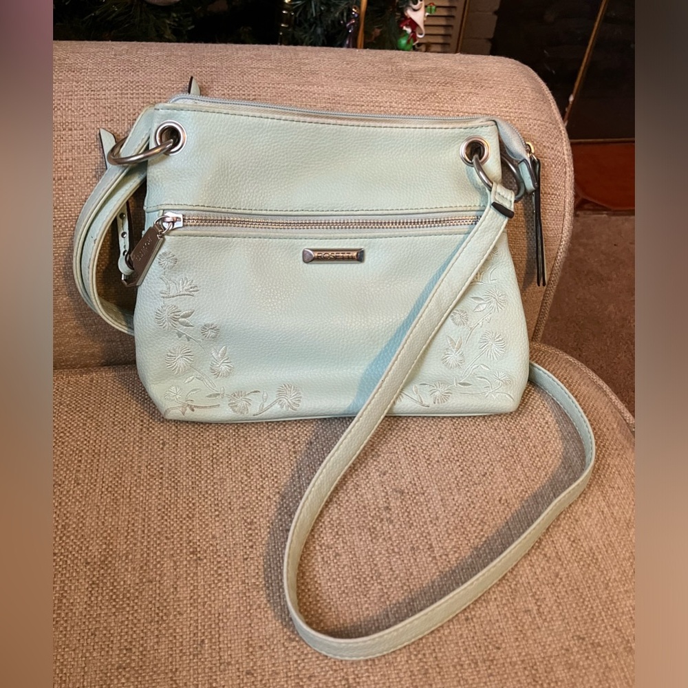 Rosetti teal blue flower embroidered leather purse